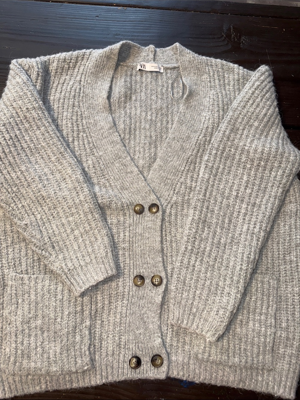 Zara Light Gray Ribbed V-Neck Button Cardigan